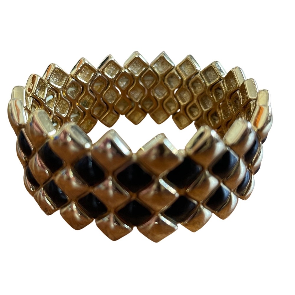 Vintage Napier‎ Black Enamel Gold Geometric Stretch Bracelet Chunky 1980s